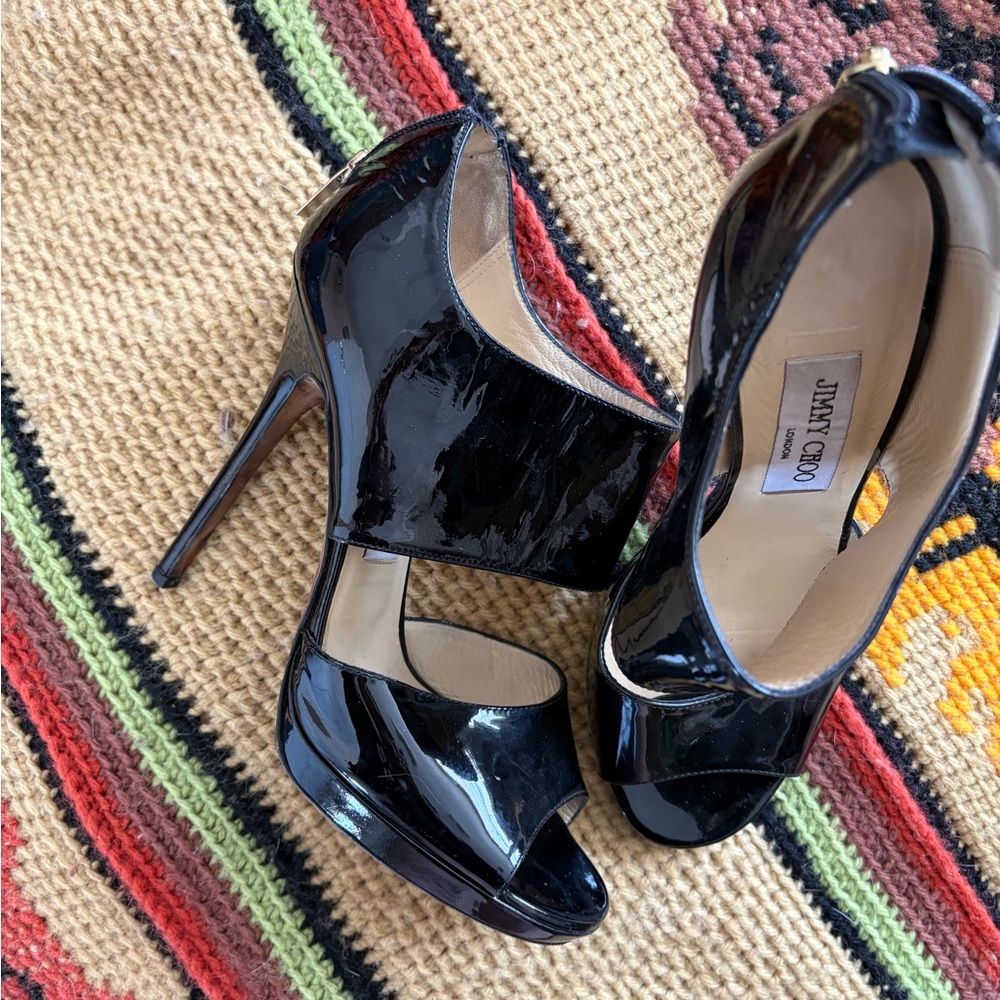Jimmy Choo Patent Black Peep-Toe Heels
